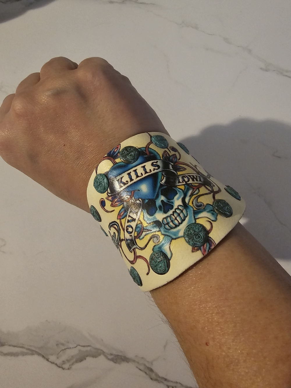 Ed Hardy Blue Skull Graphic Leather Cuff Bracelet